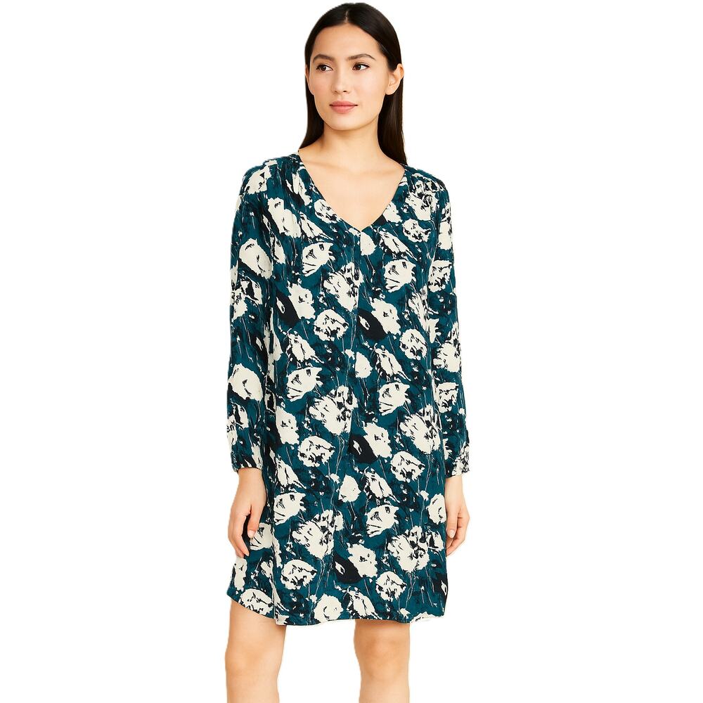 Treasure & Bond Floral Long Sleeve Shift Dress Teal Size Large